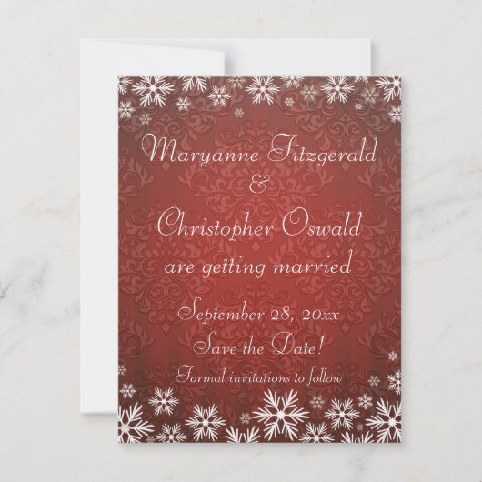 Invitation Snowflakes et Red Damask Enregistrer la date (Devant)