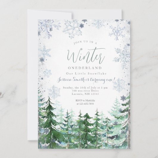 Invitation Snowflakes Forest Winter Onederland 1er anniversai (Devant)