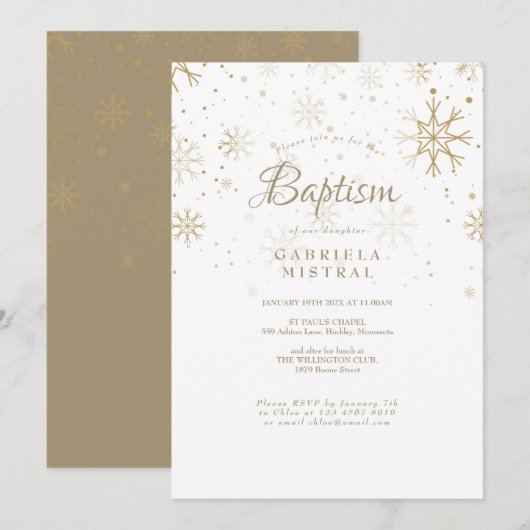 Invitation Snowflakes Gold Baptiser Christening (Devant / Derrière)