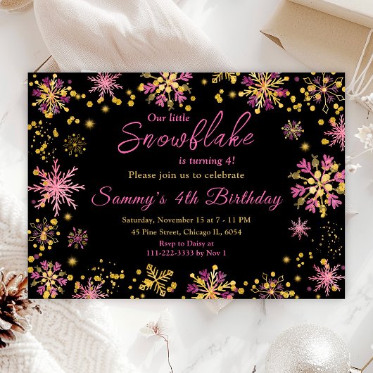 Invitation Snowflakes Gold et Rose Anniversaire