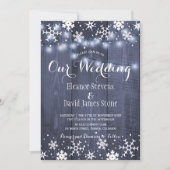 Invitation Snowflakes grange bois bleu hiver rustique mariage (Devant)