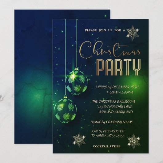 Invitation Snowflakes Green Balls Christmas Corporated (Devant / Derrière)