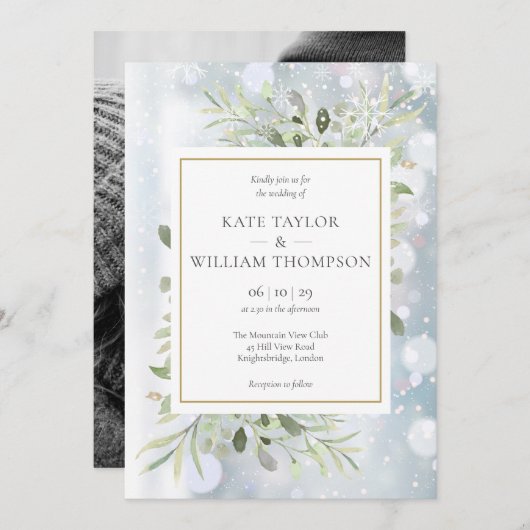 Invitation Snowflakes Green enery Feuilles Photo Mariage hive (Devant / Derrière)