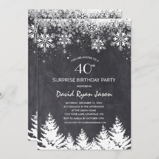 Invitation Snowflakes hiver Chalkboard Surprise Anniversaire (Devant / Derrière)