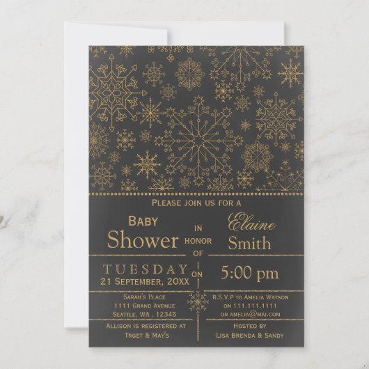 Invitation Snowflakes parties scintillant or Baby shower d'hi (Devant)