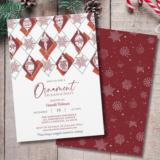 Invitation Snowflakes Red Ornament Christmas Exchange Party