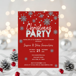 Invitation Snowflakes RED Silver Holiday NOËL PARTI