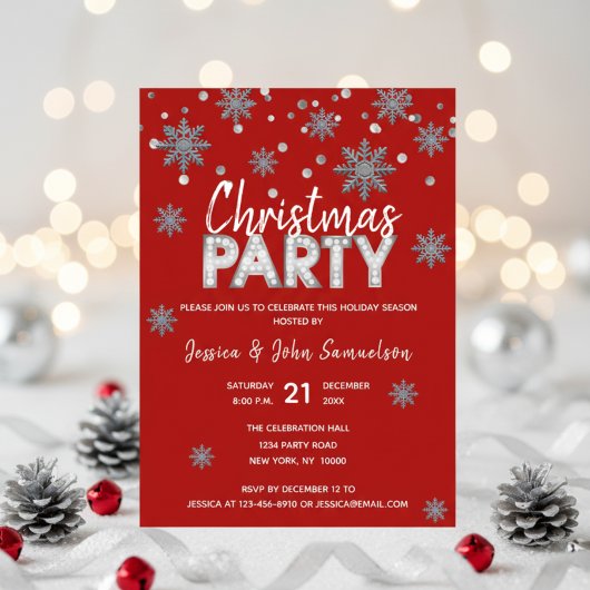 Invitation Snowflakes RED Silver Holiday NOËL PARTI