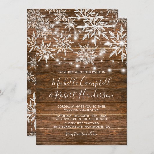 Invitation Snowflakes rustiques Grange Bois Mariage d'hiver (Devant / Derrière)