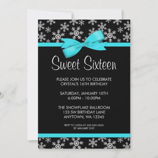 Invitation Snowflakes Turquoise Bow Winter Wonderland Sweet 1 (Devant)