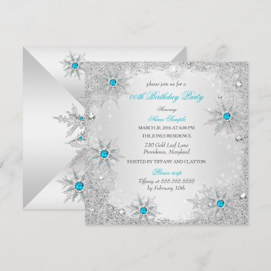 Invitation Snowflakes turquoise Winter Wonderland Anniversair (Devant / Derrière)