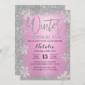 Invitation Snowflakes Winter Wonderland Baby shower rose (Devant / Derrière)