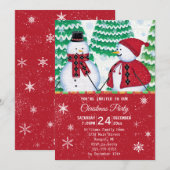 Invitation Snowman Couple Flèches de neige Fête de Noël Rouge (Devant / Derrière)