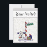 Invitation Snowman & Pôle Nord -<br><div class="desc">Le bonhomme de neige est habillé de gants et de boutons bleus. Le bonhomme de neige est debout à côté d'un poteau blanc et rouge avec un signe vert qui dit "pôle Nord". Les cadeaux sont à côté du pôle. De la neige blanche est posée sur le sol. Ces invitations...</div>