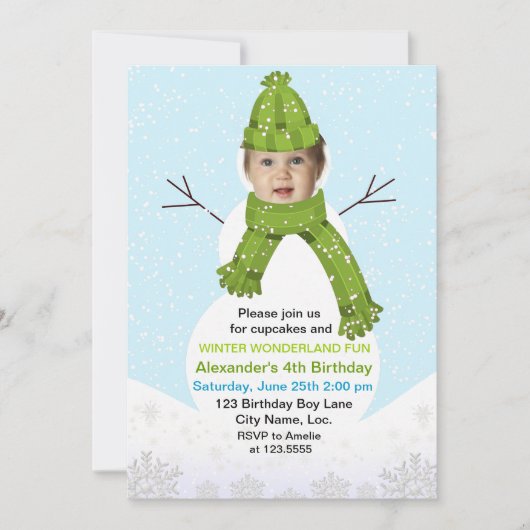 Invitation Snowman Winter Wonderland Photo Custom Birday (Devant)