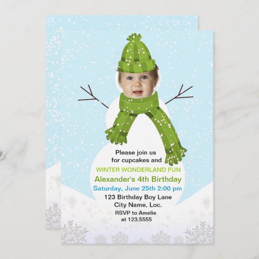 Invitation Snowman Winter Wonderland Photo Custom Birday (Devant / Derrière)