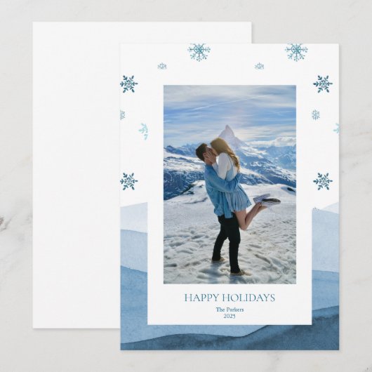 Invitation Snowy Blue Holiday Photo Card (Devant / Derrière)