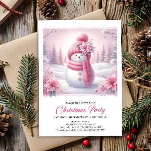 Invitation Snowy Pink Coquette Snowman Editable Kids Christma