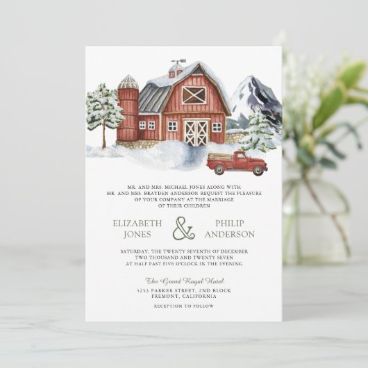 Invitation Snowy Red Grange hiver Noël QR Code Mariage (Debout devant)
