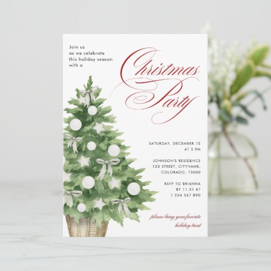 Invitation Snowy Tree Moderne élégant Script fête de Noël (Debout devant)