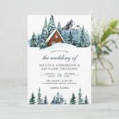 Invitation Snowy Winter Mountain Forest Cabine Lodge Mariage (Debout devant)