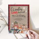 Invitation Snowy Winter ONE derland Forêt des bois Anniversai<br><div class="desc">Célébrez le 1er anniversaire de votre petit avec cette adorable invitation à thème hivernal. Le design sucré comprend un groupe d'animaux de bois dans un camion rouge vintage,  des pins et des paysages enneigés sur un joli arrière - plan de buffle rouge et noir</div>