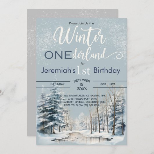 Invitation Snowy Winter ONEderland 1er anniversaire garçon (Devant / Derrière)