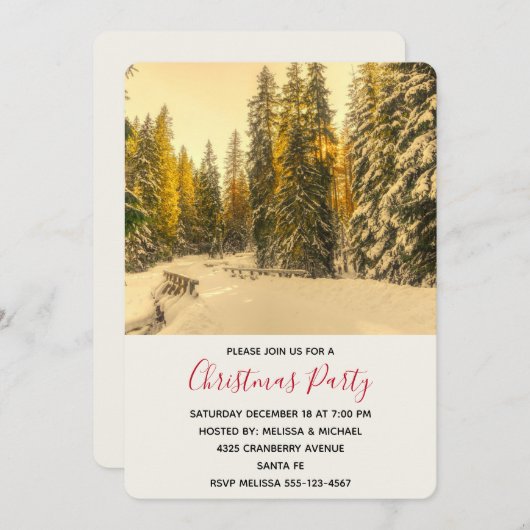 Invitation Snowy Winter Path with Pine Trees Noël Party (Devant / Derrière)