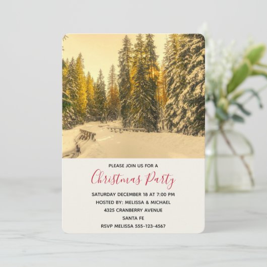 Invitation Snowy Winter Path with Pine Trees Noël Party (Debout devant)
