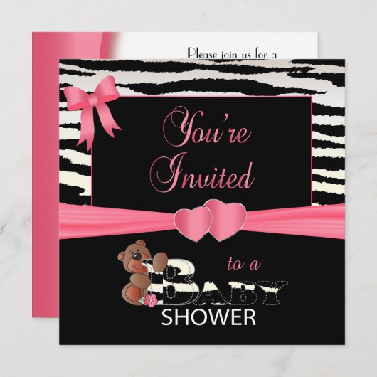 Invitation So Pretty Pink et Zebra Stripes pour un Baby showe (Devant / Derrière)