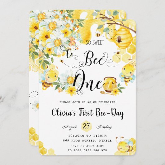 Invitation So Sweet to Bee One mignonne Bees 1er anniversaire (Devant / Derrière)