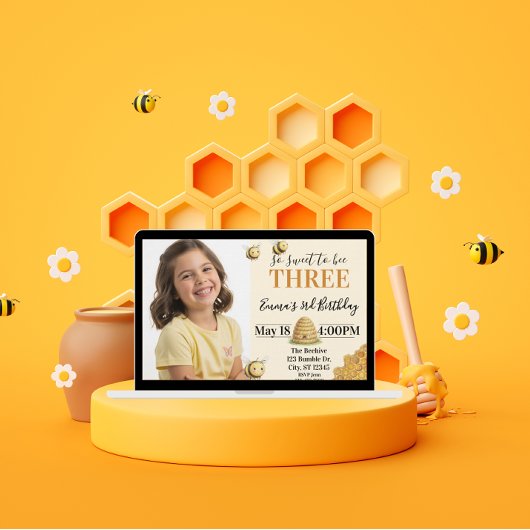 Invitation So Sweet to Bee Three, 3rd Birthday with Picture