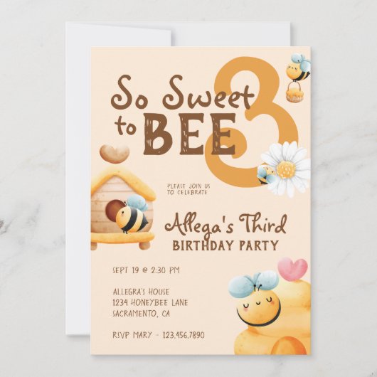 Invitation So Sweet to Bee Three mignon 3e fête d'anniversair (Devant)