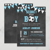 Invitation SOCCER C'est un garçon Baby shower Chalkboard Blue (Devant / Derrière)