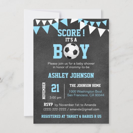 Invitation SOCCER C'est un garçon Baby shower Chalkboard Blue (Devant)