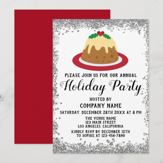 Invitation Société de pudding de Noël Fête de vacances Rouge (Devant / Derrière)