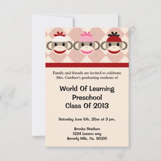 Invitation Sock Monkey Préscolaire Ou Maternelle (Devant)