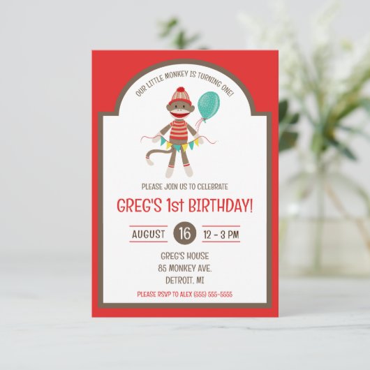 Invitation Sock Monkey with Balloon and Banner Birthday Party (Debout devant)