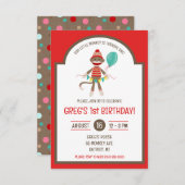 Invitation Sock Monkey with Balloon and Banner Birthday Party (Devant / Derrière)