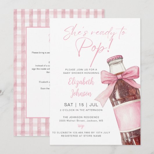 Invitation Soda Bottle Pink Bow Baby Shower All In One (Devant / Derrière)