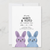 Invitation Soeurs duo fête d'anniversaire bleu & violet lapin (Devant)