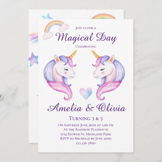 Invitation Soeurs Unicorne Conjointes Soeurs doubles Soeurs A (Devant / Derrière)