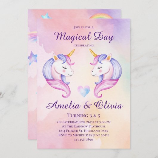 Invitation Soeurs Unicorne Conjointes Soeurs doubles Soeurs A (Devant / Derrière)