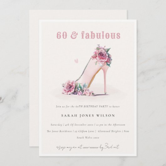 Invitation Soft 60 Fabuleux Blush High Heels Floral Anniversa (Devant / Derrière)