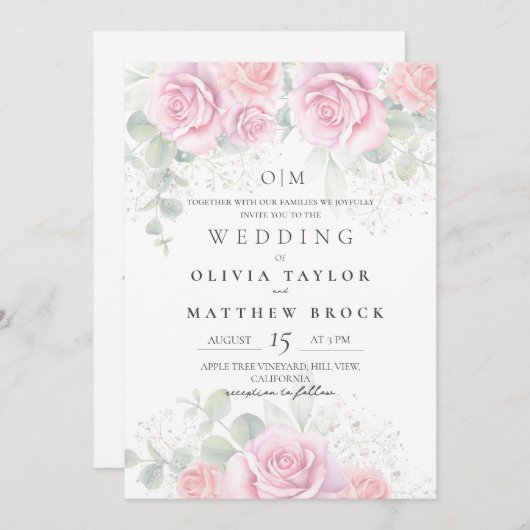 Invitation Soft and Elegant Blush Pink Roses Wedding (Devant / Derrière)