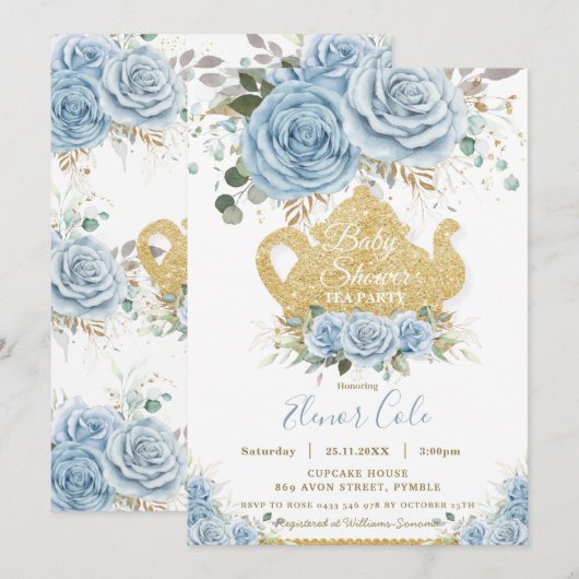 Invitation Soft Baby Blue Floral Baby shower High Tea Party (Devant / Derrière)