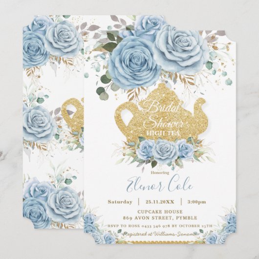 Invitation Soft Baby Blue Floral Fête des mariées High Tea Pa (Devant / Derrière)