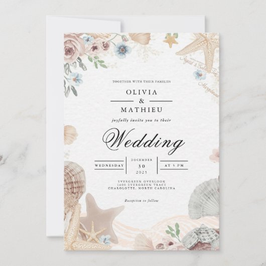 Invitation Soft Beach Shells Floral Mariage (Devant)