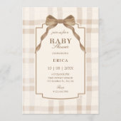 Invitation Soft beige brown bow tartan plaid baby shower (Devant)