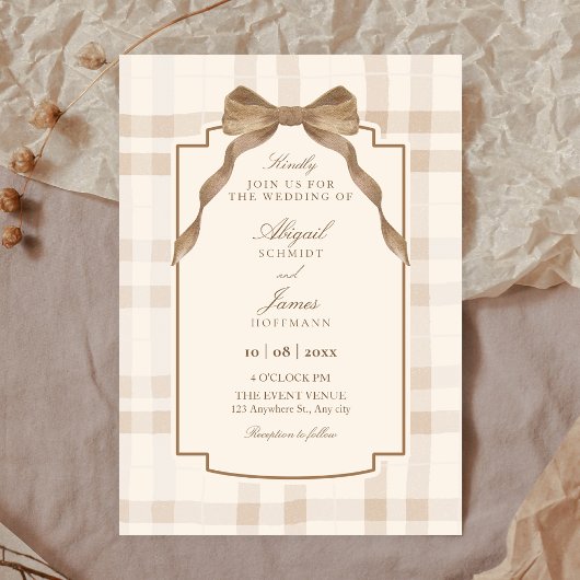 Invitation Soft beige brown bow tartan plaid wedding